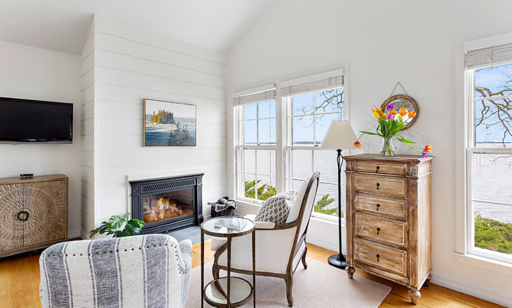 The fireplace in the Fitz Henry Lane Cottage at our oceanfront bed and breakfast in Maine