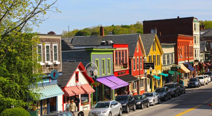 View of town shops in Camden, Maine